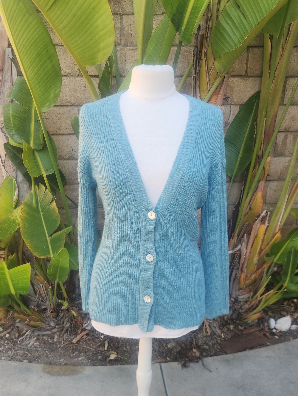 Peruvian Connection Baby Alpaca Blue Ribbed Cardigan Small